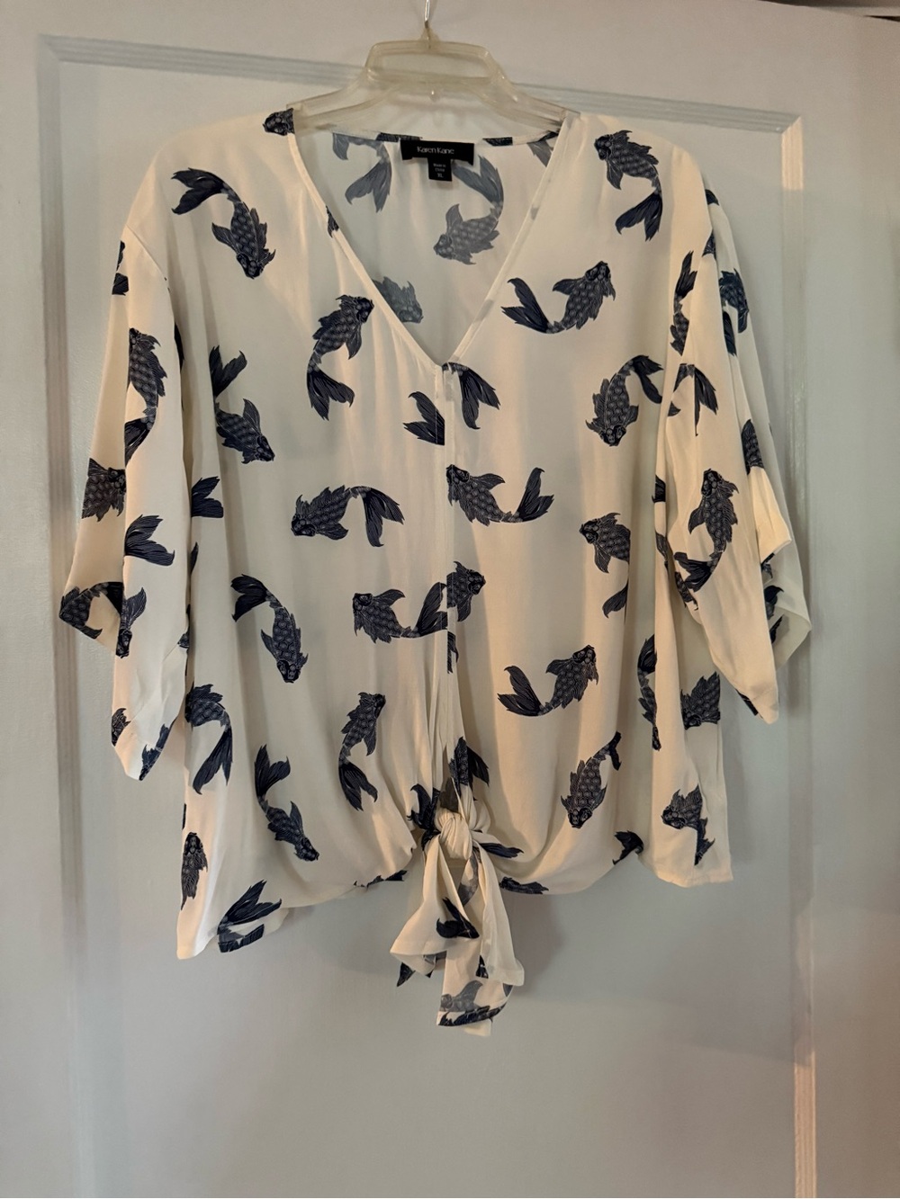 Karen Kane Ivory V-Neck Tie-Front Top with Navy Koi Print